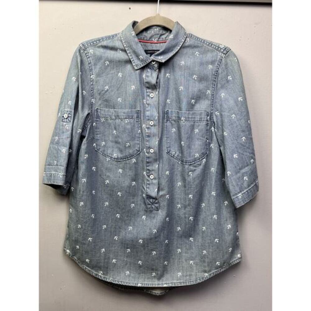 Tommy Hilfiger Shirt Womens Medium Chambray Denim Popover Anchor Button